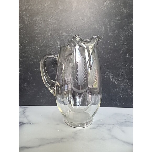 Etched Glass Wheat Pattern Pitcher With Handle - Picture 1 of 10